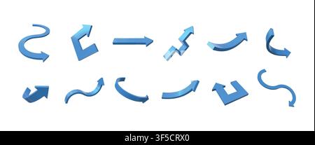 3d arrow icons. Up point direction, perspective for circular movement. Recycle blue pointer, forward angle or cursor. Directional indicator, different rotations for presentation. Vector isolated set Stock Vector