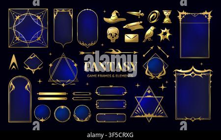 Fantasy game frame. Gold ui rpg interface, metal gothic achievement with dark corners, luxury alchemy star, ornamental metallic borders. Decorative interface components for menu vector isolated banner Stock Vector