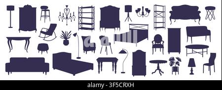 Modern design icons. Mid century home interior, armchair sofa or chair objects for vintage black room lounge. Storage and lighting elements. Black silhouettes assortment. Vector isolated illustration Stock Vector