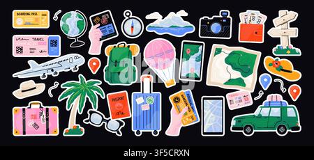 Travel icons. Vacation world trip map, summer suitcase in car, camera and passport for tourism. Plane luggage, transport, and documents. Journey organization stickers. Vector cartoon flat isolated set Stock Vector