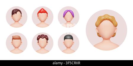 3d man head. Boy people avatar, cartoon character render or realistic face profile portrait. Guy model person. Minimal faceless user portraits with different hairstyles. Vector flat isolated set Stock Vector