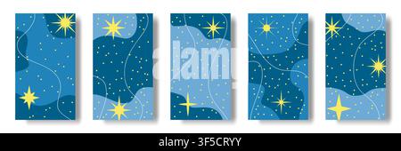 Abstract starry panels set. Minimal celestial backgrounds with yellow stars, dotted sky, vertical templates for modern seasonal graphic. Vector cartoon flat style isolated minimal flyer illustration Stock Vector