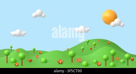3d landscape. Green kid render with grass field, mountain hill nature playground or children spring game fantasy park. Outdoor environment background with copy space. Vector cartoon illustration Stock Vector