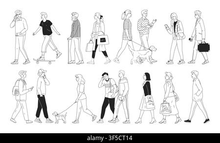 Line people. Outline doodle person, man woman and dog drawing with simple black adult human. Inclusion, diversity boy and girl with phones, bags and skateboard. Minimal vector isolated outline set Stock Vector
