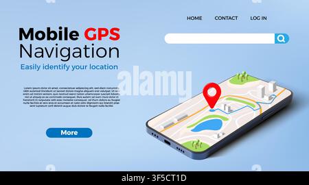 3d pin map. Isometric delivery gps navigate design, road app in mobile phone. Address point in smartphone interface screen, town place search. Modern landing page concept. Vector website banner Stock Vector