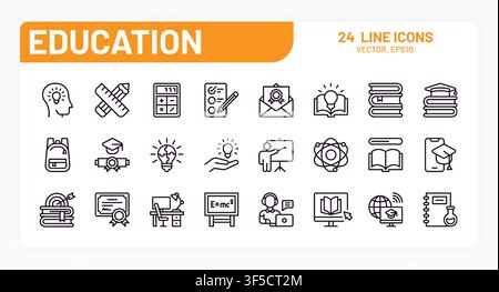 Study line icons. School line lecture, student or teacher in university campus, exam class. Digital material thesis. Minimal outline symbols for online learning. Vector isolated modern interface set Stock Vector