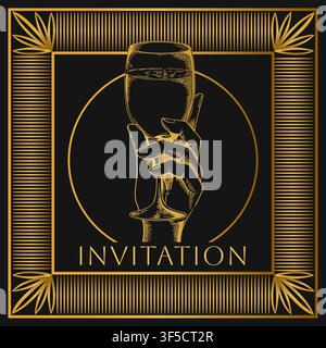 Hand holding champagne glass. Elegant art deco invitation design with gold line illustration, geometric frame and luxury celebration poster, square postcard. Vector isolated graphic illustration Stock Vector
