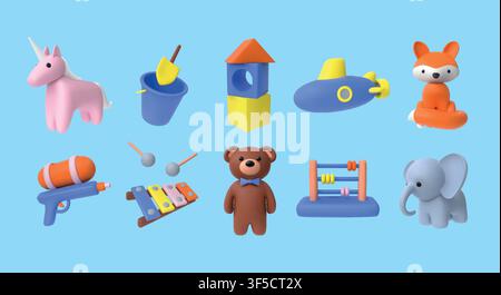 3d toys. Kid objects and animals, baby room elements or child house playroom. Submarine and rocket. Fun and play realistic pastel plastic nursery render isolated element vector toddler assortment set Stock Vector