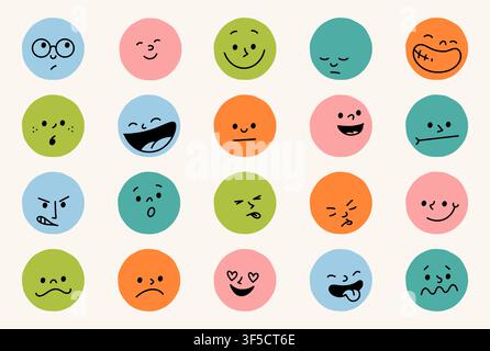 Kid face. Circle people avatar for happy smile profile, simple fun emotion mood. Diversity children persons. Round doodle smile, mood reaction. Communication and emotional messaging. Vector icons set Stock Vector
