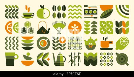 Tea pattern. Nature plant leaf, organic food brand element or abstract geometry mosaic flower composition. Fresh grain. Green eco drink. Logotype and emblems decorative design. Vector background Stock Vector