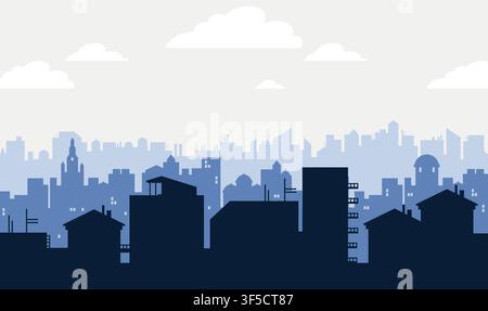House silhouette. Line town background, building roof on skyline. Euro residential village, suburban cityscape. Minimal urban background and rooftops under cloudy sky. Vector architectural atmosphere Stock Vector