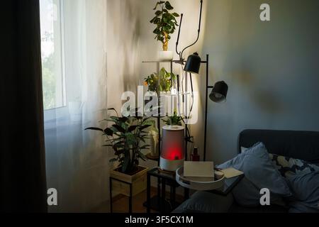 Tranquil cozy corner of a modern bedroom featuring vibrant green potted plants on a tiered metal stand and an adjustable floor lamp, indoor gardening, urban jungle style, home decor Stock Photo