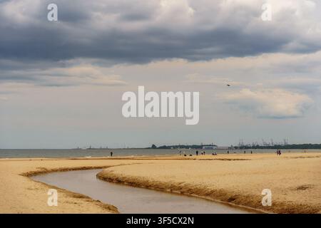 Small creek flowing into a calm sea under moody stormy clouds on a sandy beach coastal scene, marine estuary, dramatic weather conditions, coastal wilderness, tide cycle Stock Photo