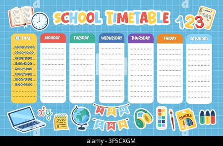 Cute school timetable template with weekly schedule and planner layout Stock Vector