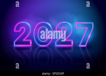 Glowing 2027 numbers in purple and blue neon light reflect on a dark glossy surface Stock Vector