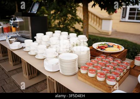 Outdoor buffet with white ceramic plates and cups, dessert glasses with red toppings, and fresh fruit on a rustic table, catering hospitality, elegant garden banquet and summer event food Stock Photo