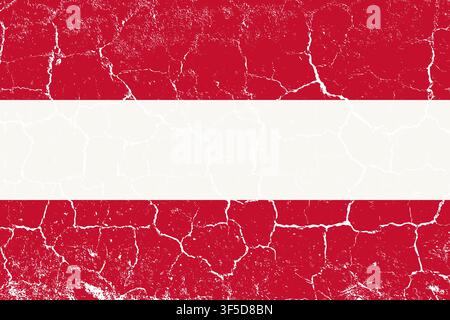 Austria national flag rendered in a distressed grunge style, featuring cracked and weathered texture with faded, sun-bleached colors. The design shows the red, white colors, with its traditional colors and layout, all in a standard 2x3 proportion. Ideal for patriotic, cultural, travel, and historical design projects. Stock Vector
