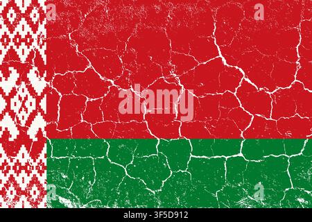 Belarus national flag rendered in a distressed grunge style, featuring cracked and weathered texture with faded, sun-bleached colors. The design shows the red, green, white colors, featuring the national ornament pattern, all in a standard 2x3 proportion. Ideal for patriotic, cultural, travel, and historical design projects. Stock Vector