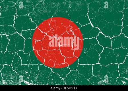 Bangladesh national flag rendered in a distressed grunge style, featuring cracked and weathered texture with faded, sun-bleached colors. The design shows the green, red colors, featuring the red disc, all in a standard 2x3 proportion. Ideal for patriotic, cultural, travel, and historical design projects. Stock Vector