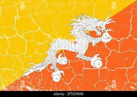 Bhutan flag, grunge texture, cracked and weathered, faded colors. Shows the yellow, orange colors, featuring the dragon emblem. Great for patriotic, travel, and cultural design projects. Stock Vector
