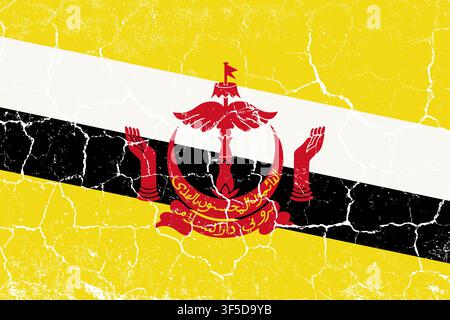 Brunei flag, grunge texture, cracked and weathered, faded colors. Shows the yellow, white, black, red colors, featuring the national crest. Great for patriotic, travel, and cultural design projects. Stock Vector