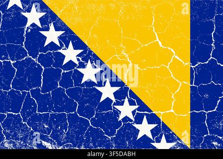 Bosnia and Herzegovina flag, grunge texture, weathered and faded. Colors blue, yellow, white. Ideal for patriotic and cultural design projects. Stock Vector