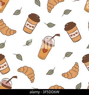 A seamless pattern featuring coffee, croissants and leaves Stock Vector