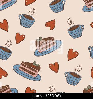 Vector seamless pattern featuring coffee cups and chocolate cake Stock Vector