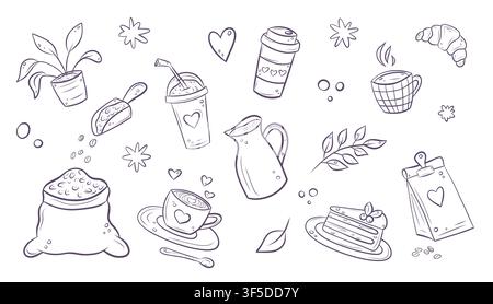 Vector set of coffee and bakery line art illustrations Stock Vector