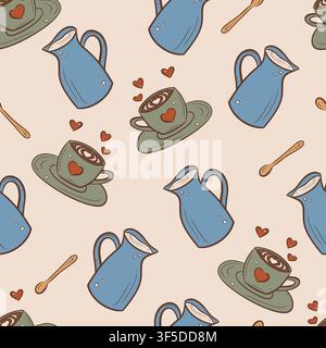 Vector seamless pattern featuring coffee cups and milk jugs Stock Vector