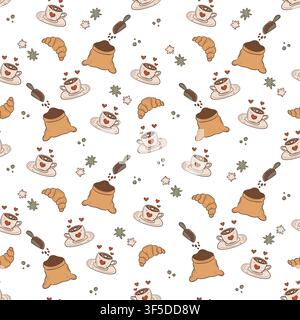 A seamless vector pattern featuring cups, croissants, bags of coffee and coffee beans Stock Vector