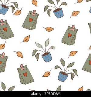A vector seamless pattern featuring coffee and potted flowers Stock Vector