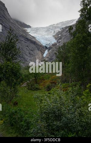 The Briksdalsbreen Glacier and the glacial lake Briksdalsbrevatnet, Norway. Stock Photo