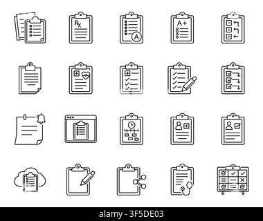 Clipboard Checklist Medical Report Document Vector Line Icon Set Stock Vector