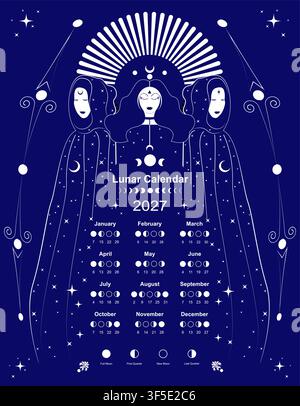 Wiccan Moon calendar 2027 and Moon Phases. Lunar phases schedule and cycles, Mystical triple goddess, priestesses. Gothic Witch wicca female sacred Stock Vector