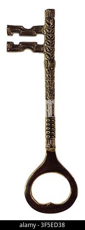 An intricate and antique metal key with one dent and simple blade Stock Photo