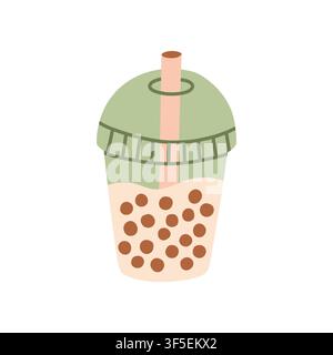 Bubble tea in a plastic takeaway cup with dome lid and straw vector illustration. Flat sweet boba beverage element for summer cafe menus, Asian drinks Stock Vector