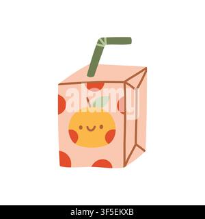 Kawaii orange juice box carton with a smiling orange character and straw vector illustration. Flat sweet fruit drink element for children's menus Stock Vector