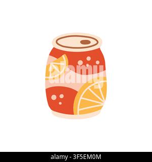 Cute orange soda tin can vector illustration with citrus slice graphics. Flat sweet carbonated drink element for summer party graphics, cafe menus Stock Vector