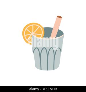 Cute iced drink in a ribbed glass with a straw and orange slice vector illustration. Flat sweet beverage element for summer beach parties, bar menus Stock Vector