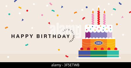 Colorful layers birthday cake with candles and confetti background. Stock Vector