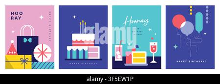 Happy Birthday banner, greeting card, invitation card, poster, cover, vector illustration with birthday cakes, drinks, presents, party hat, balloons Stock Vector