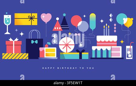 Happy Birthday banner, greeting card, invitation card, poster, cover, vector illustration with birthday cakes, drinks, presents, party hat, balloons Stock Vector