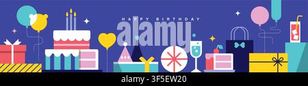 Happy Birthday banner, greeting card, invitation card, poster, cover, vector illustration with birthday cakes, drinks, presents, party hat, balloons Stock Vector