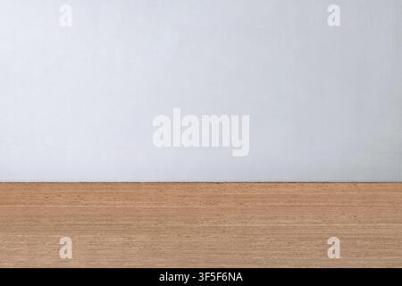 A clean and minimalist empty room featuring a smooth wooden floor and a plain light grey wall, perfect for product mockups and interior design present Stock Photo