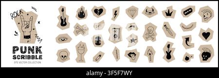 Punk scribble doodle. Scrapbook stickers. Handmade pen sketches with textured paper. Vector cut out rock icons Stock Vector