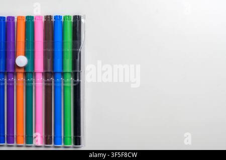 Vibrant multi-colored felt-tip pens neatly arranged in a transparent plastic case on a light background, perfect for school or art projects Stock Photo