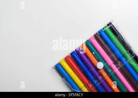 A collection of multi-colored felt-tip pens neatly organized in a transparent plastic pouch, placed on a plain white background with ample room for te Stock Photo