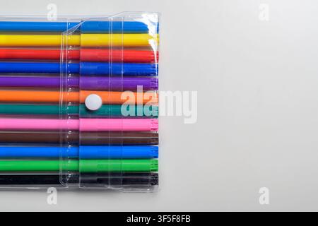 Vibrant multi-colored felt-tip pens neatly arranged in a transparent plastic case on a light background, perfect for school or art projects Stock Photo