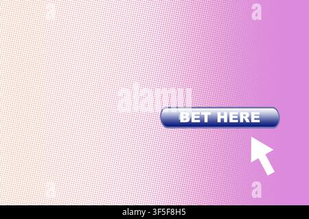Blue 'Bet Here' button with a white mouse cursor on a pink and purple halftone gradient background. Ideal for online gambling, sports betting, and cas Stock Photo